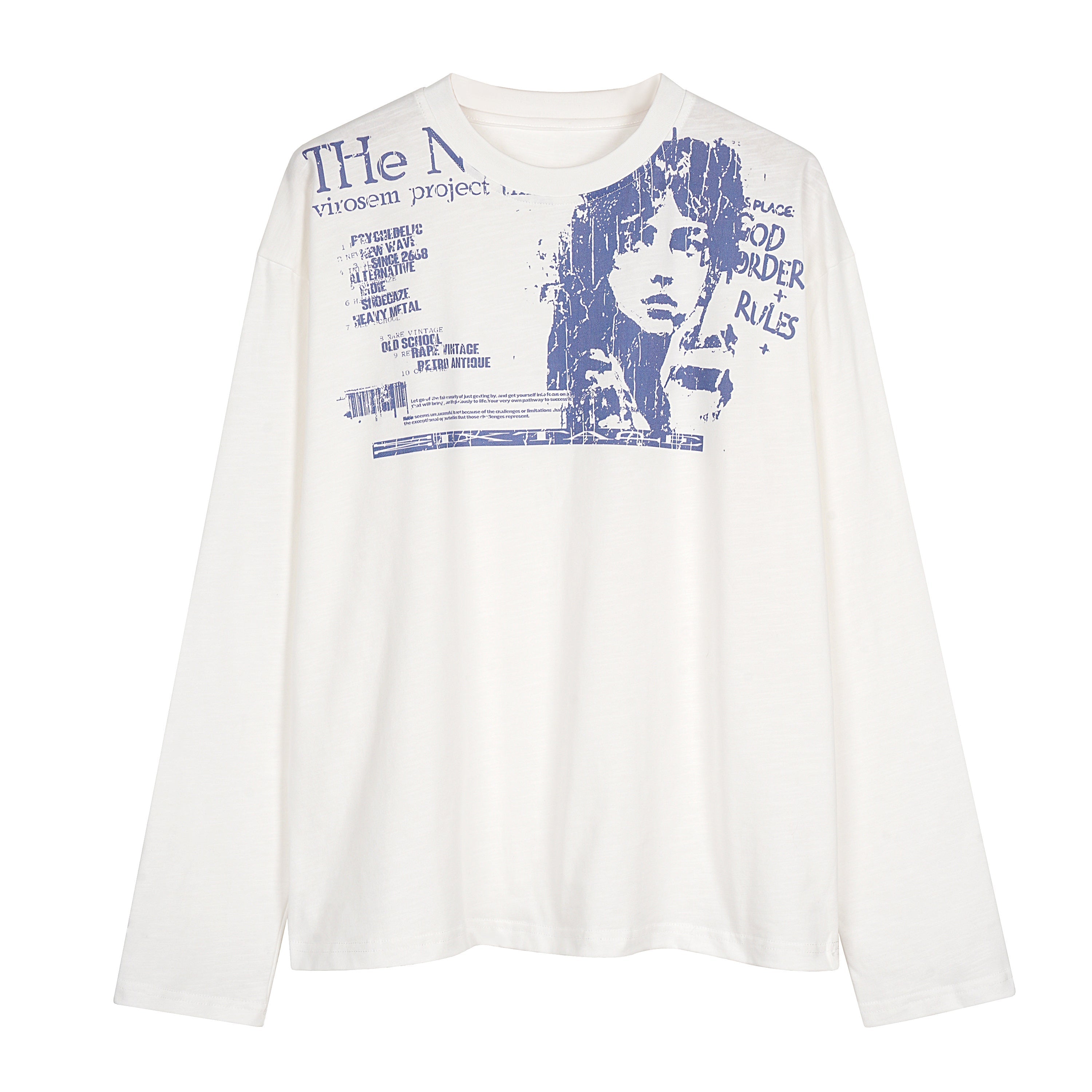 Off-white oversized long sleeve tee with distressed blue vintage graphic print and portrait design on the front