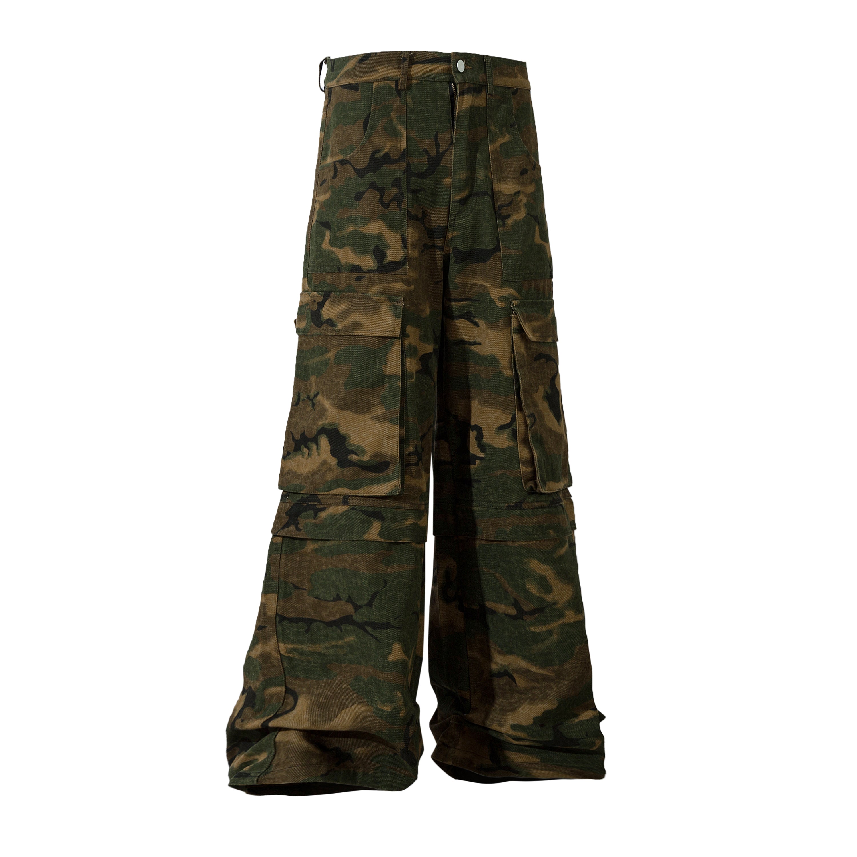 Front view of Omirad woodland camo wide-leg cargo pants with large flap pockets in green and brown camouflage print