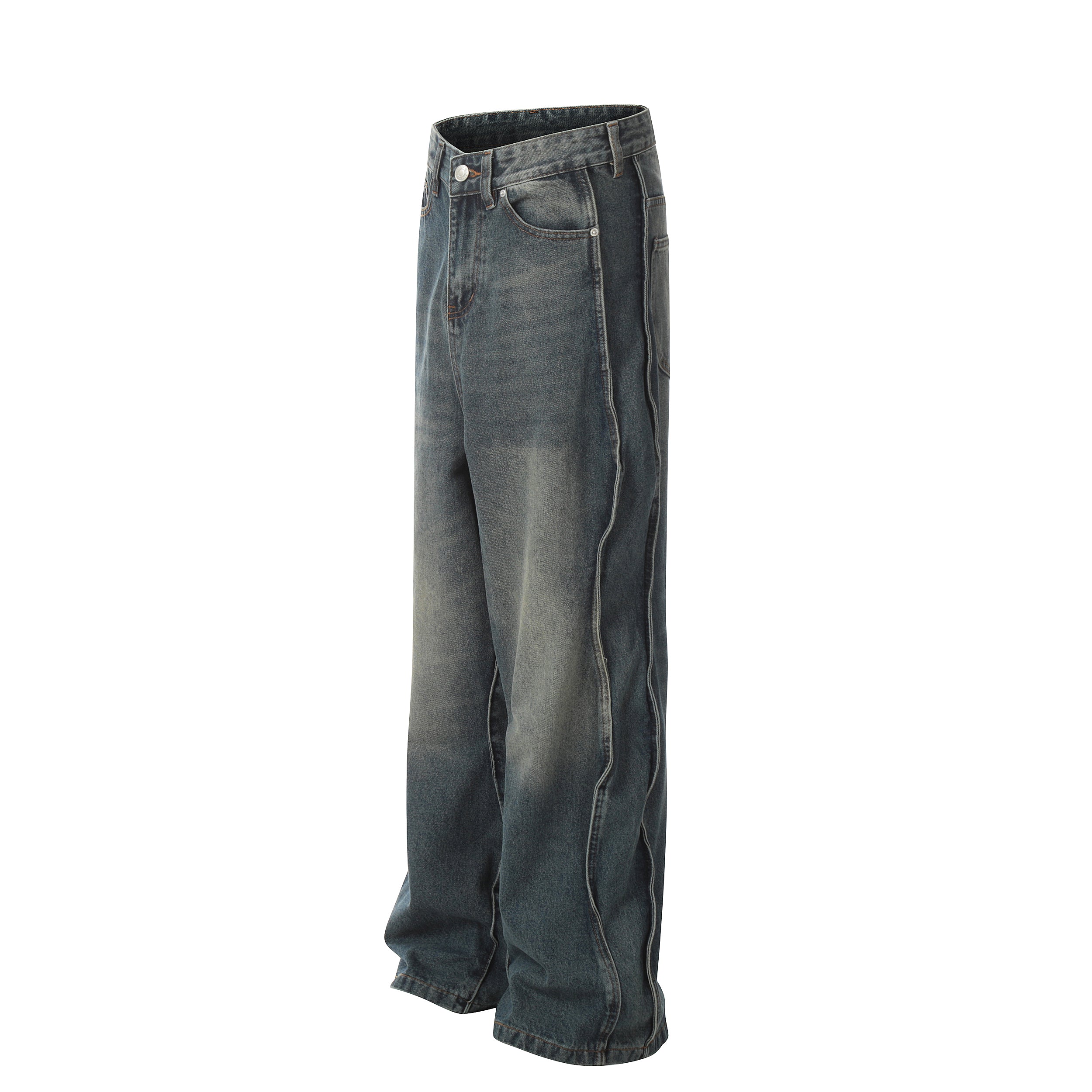 Omirad Classic Fade Wide-Leg Jeans in blue-grey vintage wash, angled side view on white background
