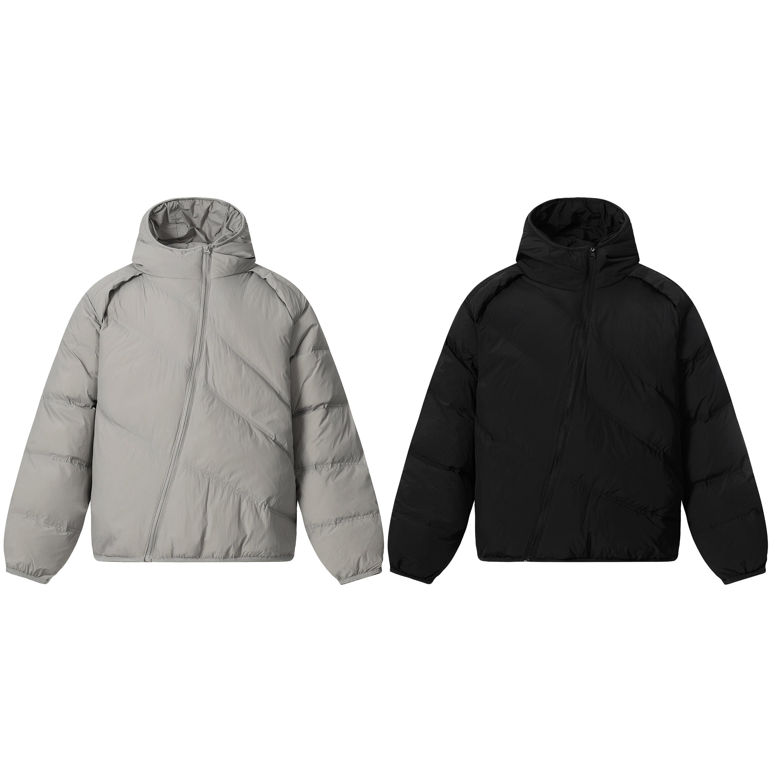 Light grey and black hooded puffer jackets with asymmetric diagonal front zipper, shown side by side on white background