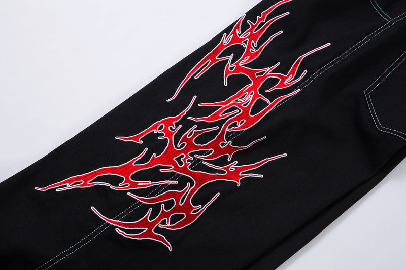 Flame Graphic Wide-Leg Black Denim Jeans | Streetwear