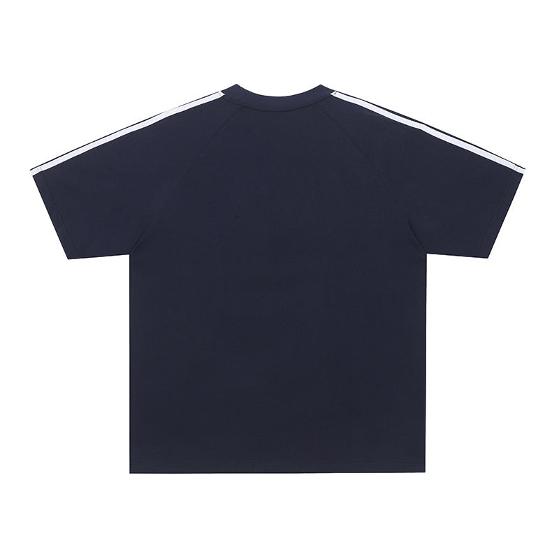 Navy football jersey style T-shirt with white shoulder stripes and a relaxed streetwear fit