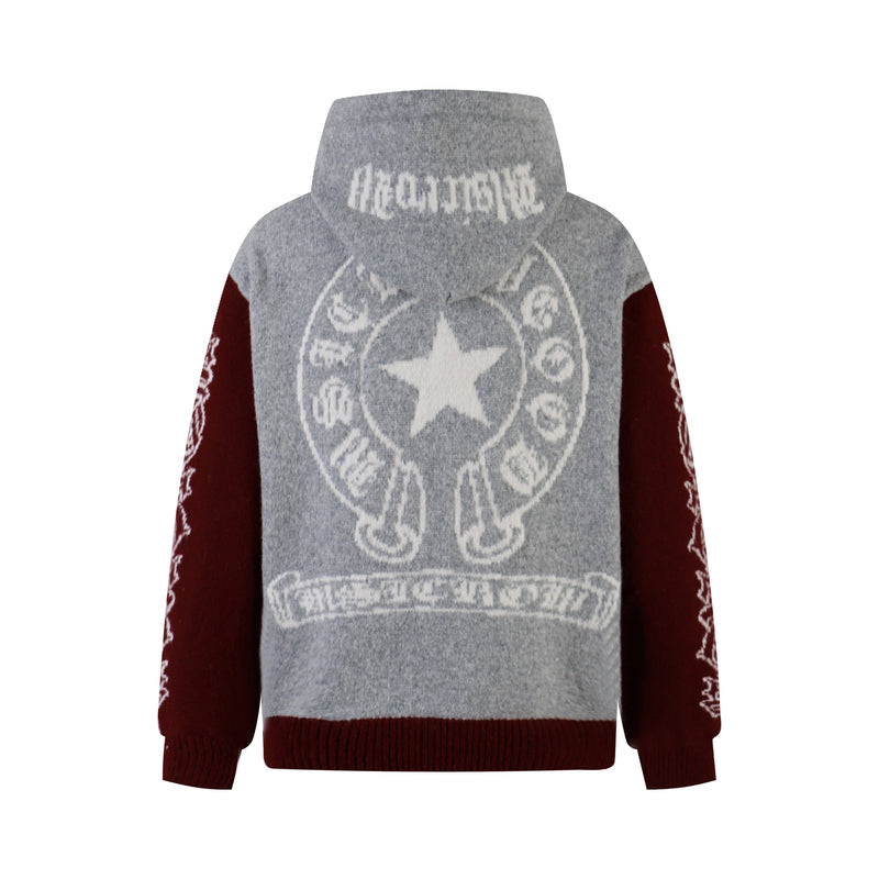 Back view of gray knit hoodie with large white star graphic and burgundy sleeves