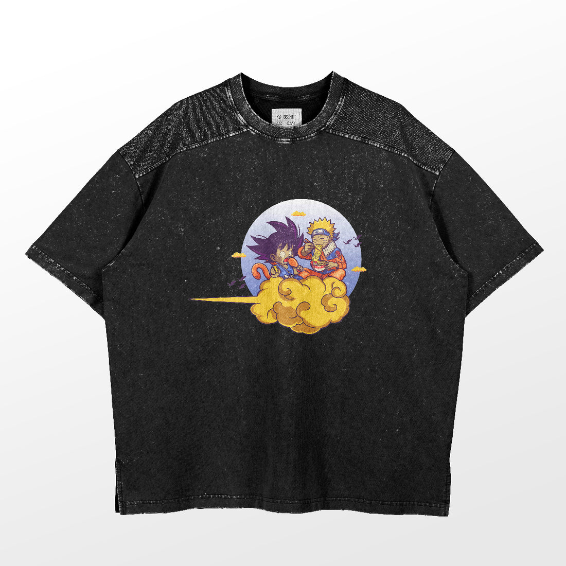 This premium speckled short-sleeve T-shirt by Naruto features an exclusive anime fusion design of iconic characters Naruto and Goku perched on a cloud against a circular backdrop.