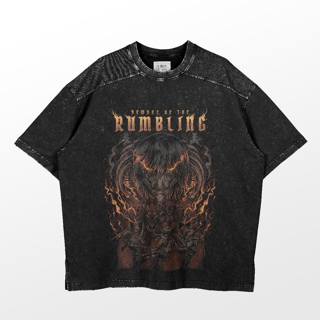 The "Beware of the Rumbling" Attack on Titan T-shirt by Attack on Titan boasts a fiery graphic design inspired by Eren Yeager, with edgy speckled shoulders.