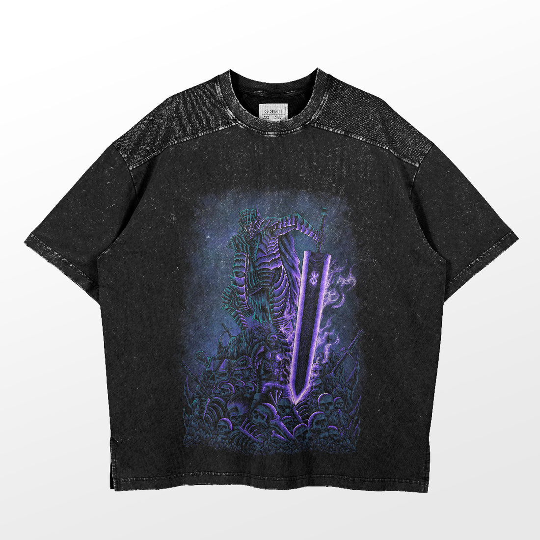 A high-quality Berserk Anime Graphic Tee from the Berserk brand, featuring a mystical Beherit Sword and Skull Knight design with colorful abstract patterns on a textured black background.