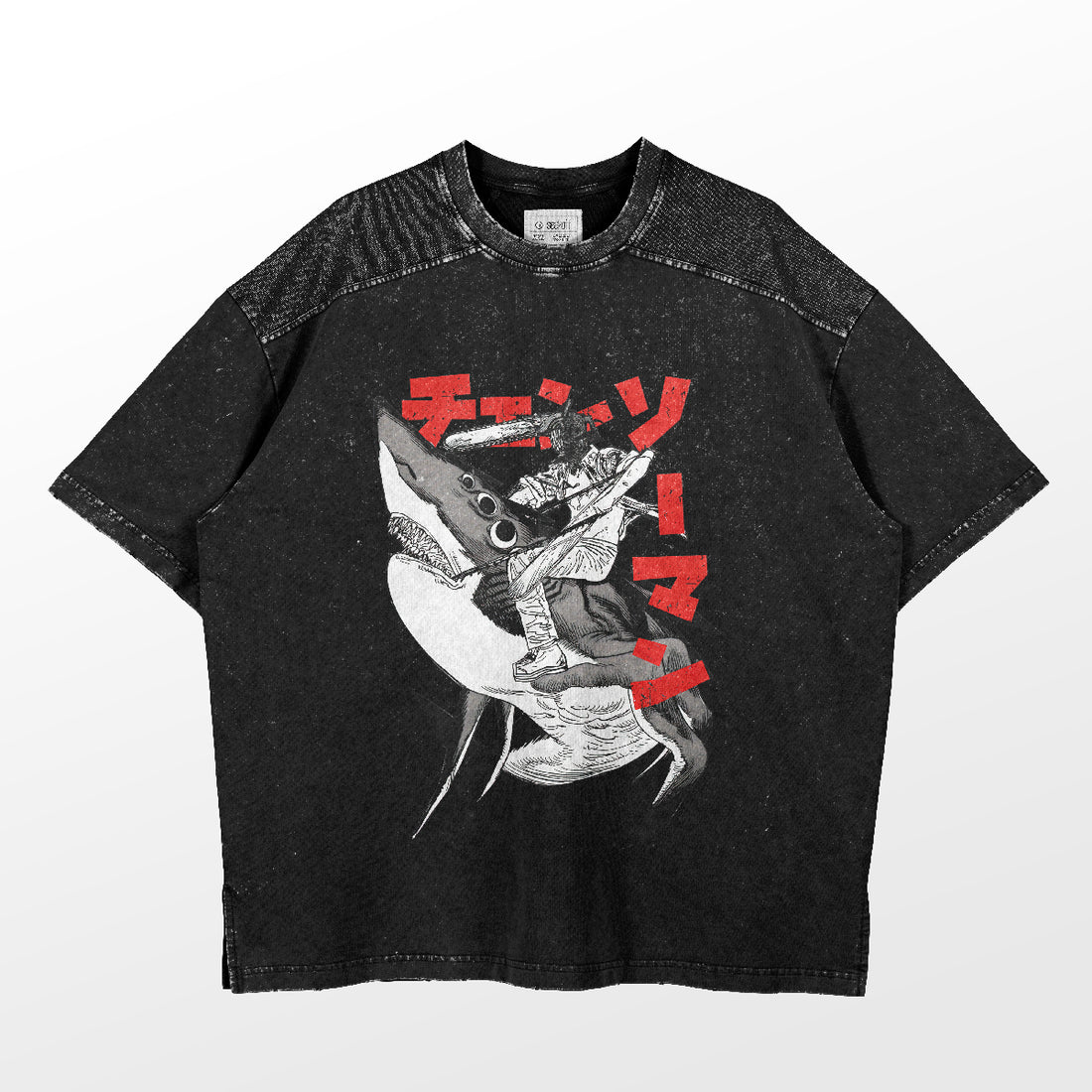 The Chainsaw Man Shark Ride T-Shirt features a 100% cotton black tee with a bold design of a character holding a chainsaw on a large fish, accented by red Japanese text. Perfect for any fan, it has textured fabric on shoulders and sleeves for extra style.