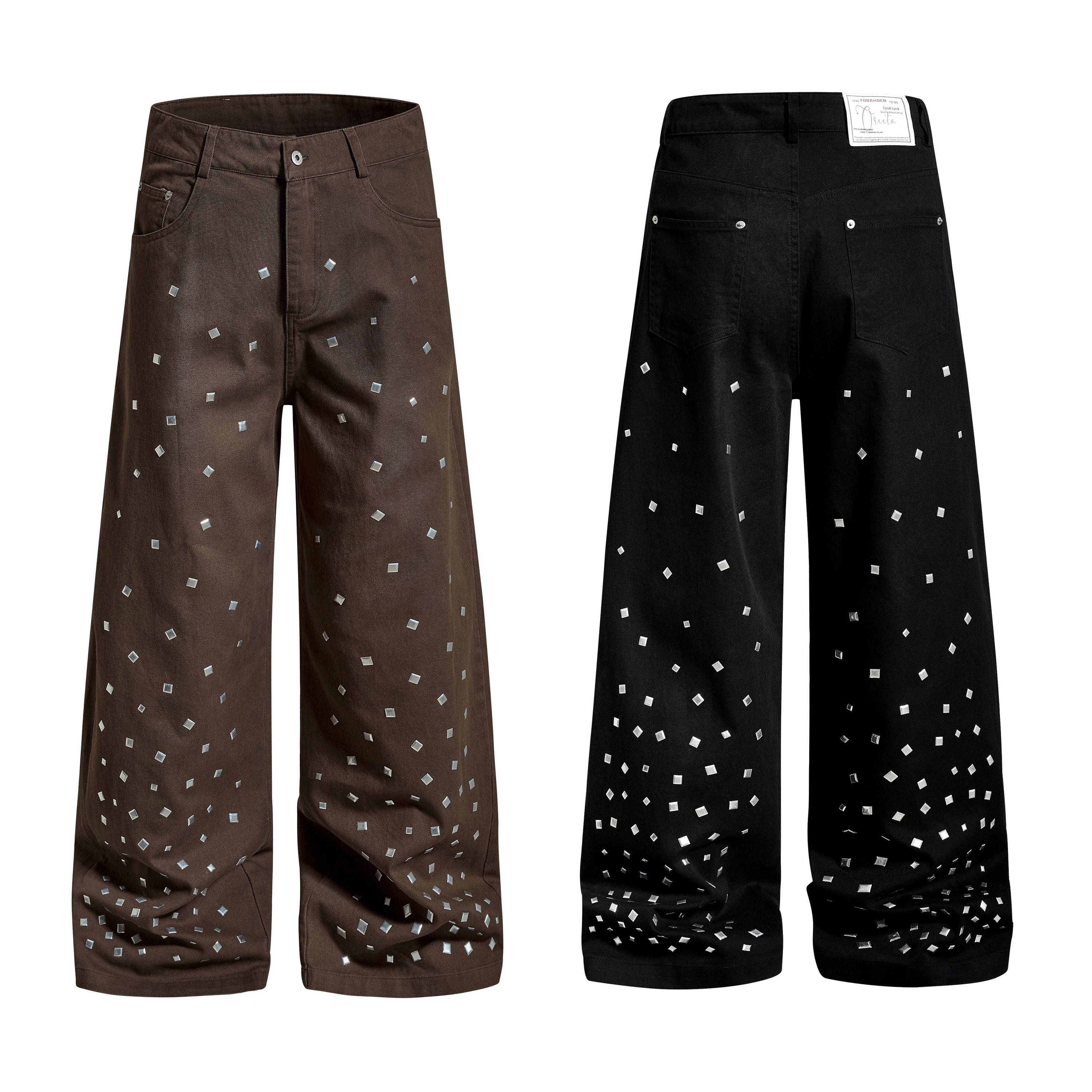 Front and back view of wide-leg pants in brown and black with scattered silver square stud embellishments