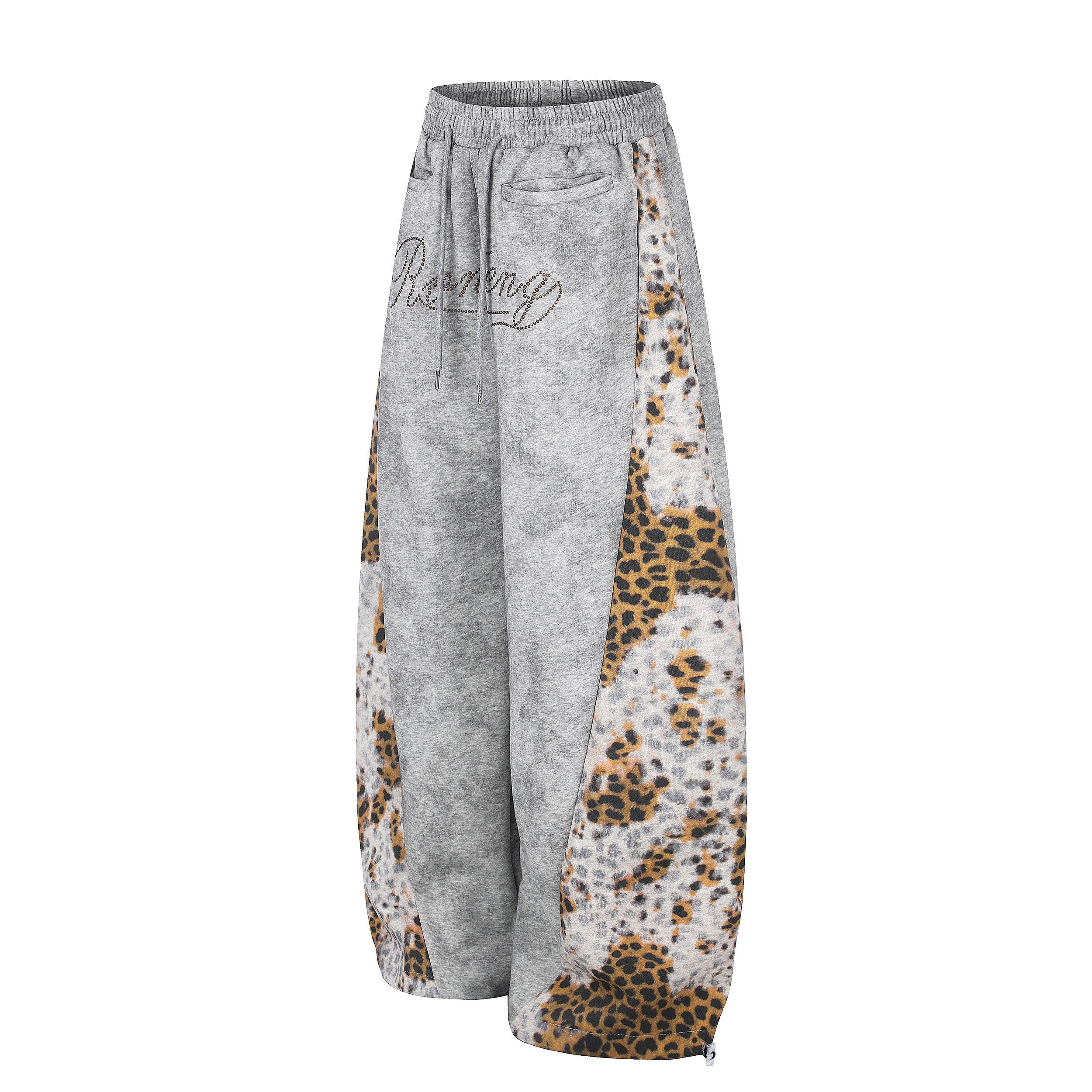 Leopard Panel Wide-Leg Sweatpants | Y2K Rhinestone Logo