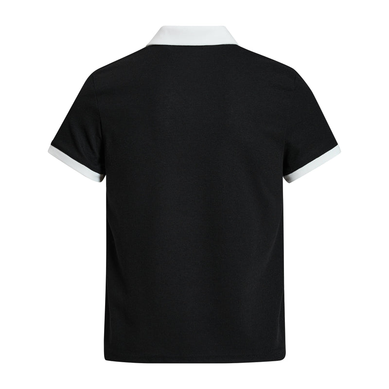 Black polo shirt with white contrast collar and sleeve cuffs, shown from the back in a clean streetwear style