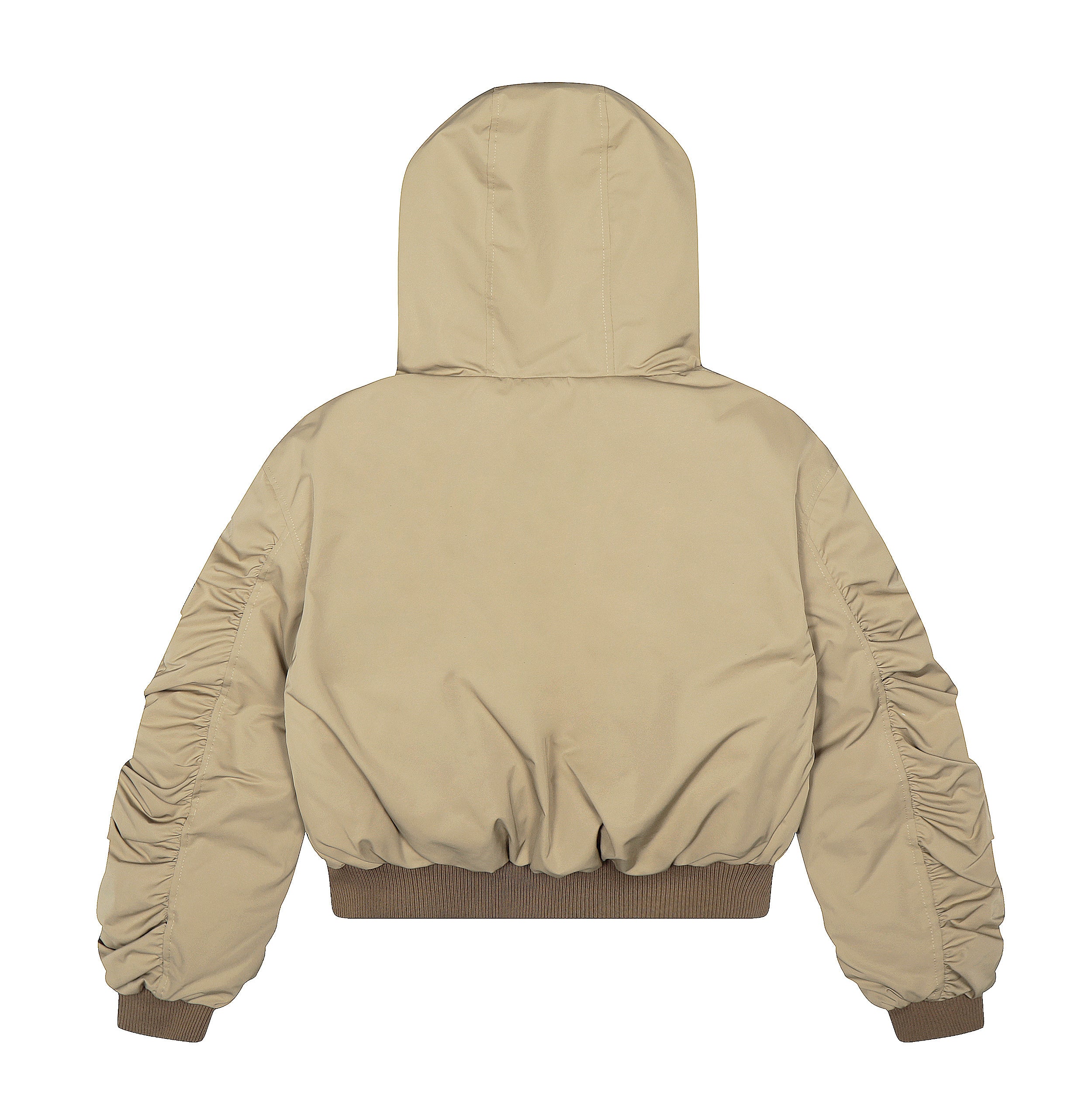 Faux Fur Hooded Nylon Bomber Jacket | Ruched Sleeve