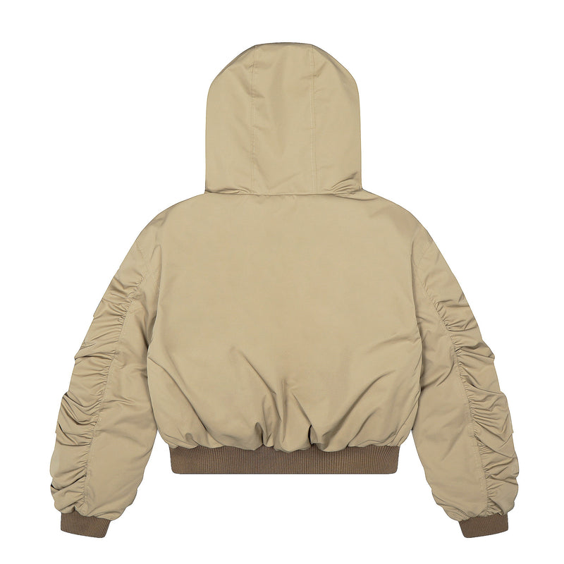 Faux Fur Hooded Nylon Bomber Jacket | Ruched Sleeve