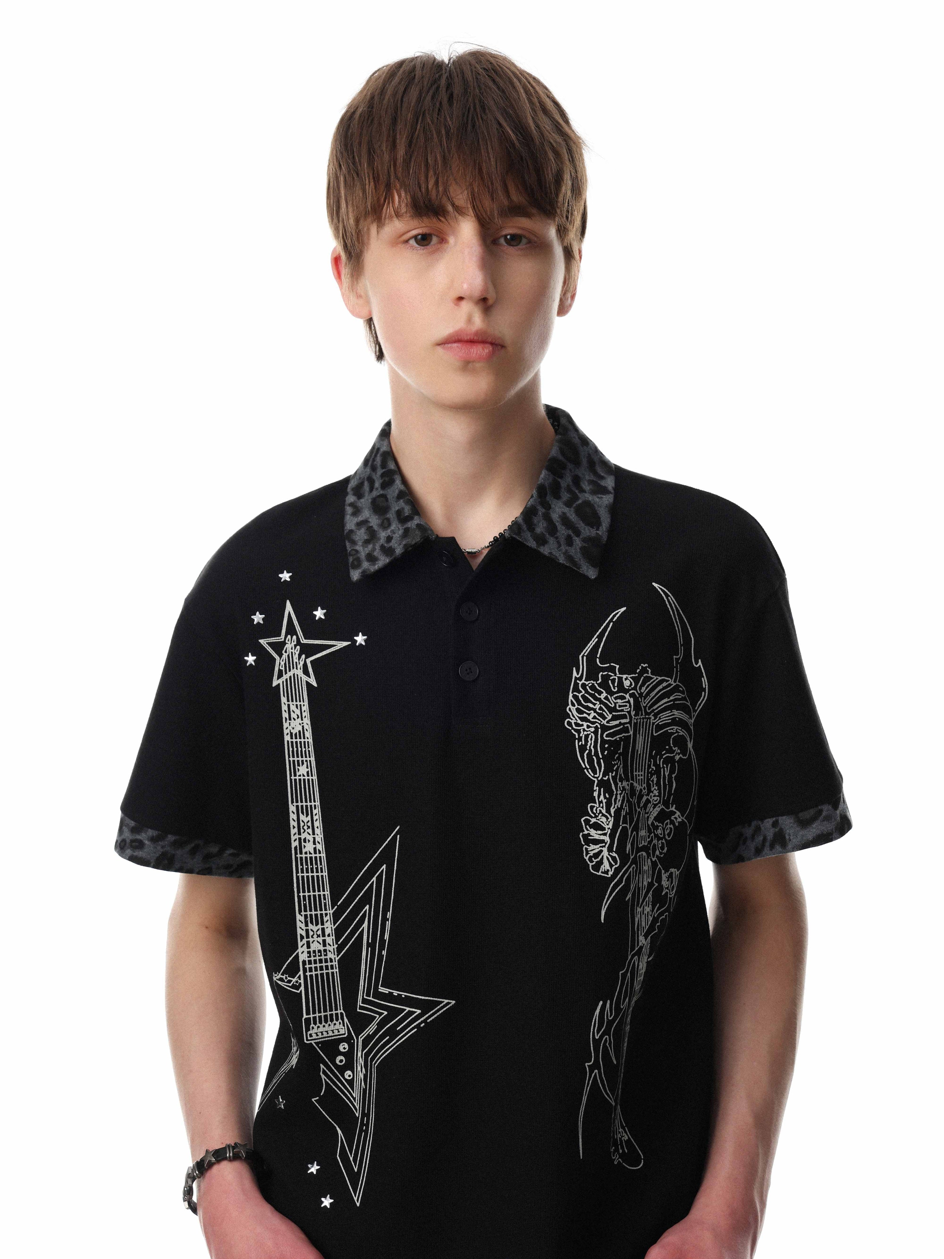 Leopard Collar Rock Graphic Polo Tee | Streetwear Polo