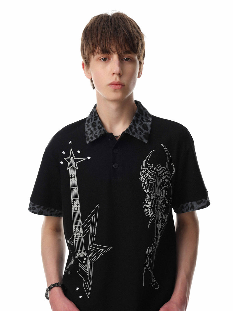 Black streetwear polo tee with leopard-print collar and rock guitar graphic on the chest