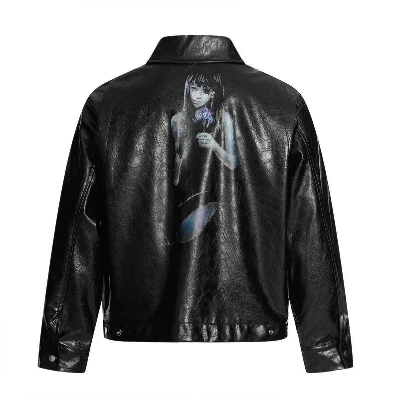 Omirad PU Leather Graphic Jacket | Black Crinkle Streetwear