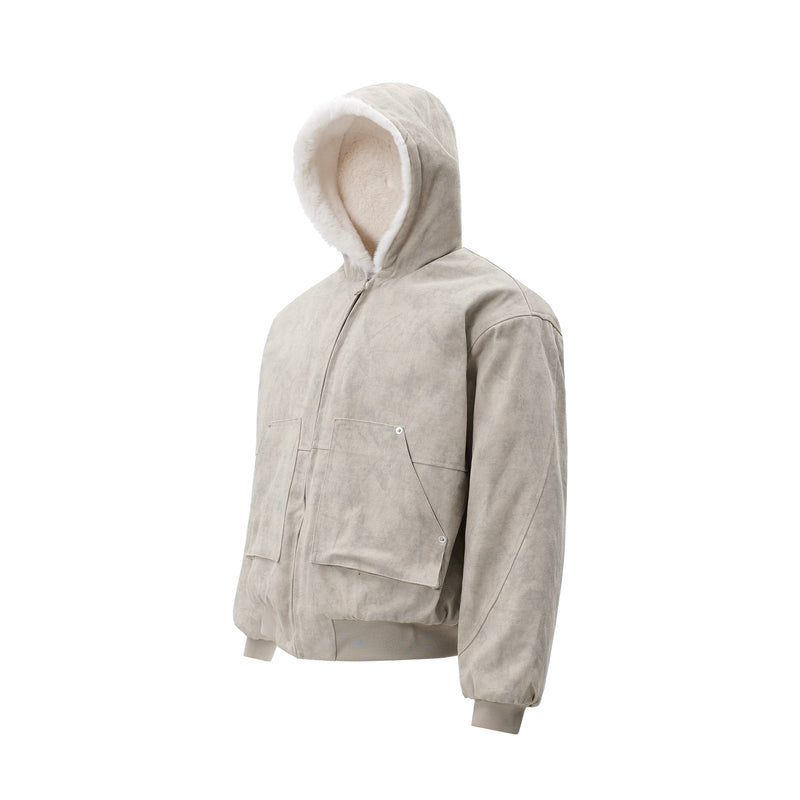 Faux-Shearling Lined Washed Hooded Bomber Jacket
