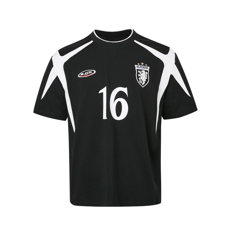 Black and white retro football jersey tee with number 16, BLACKAIR crest, and bold streetwear soccer styling
