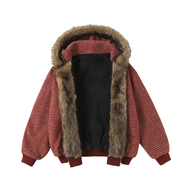 Striped Faux Fur-Lined Zip-Up Hooded Jacket | Omirad