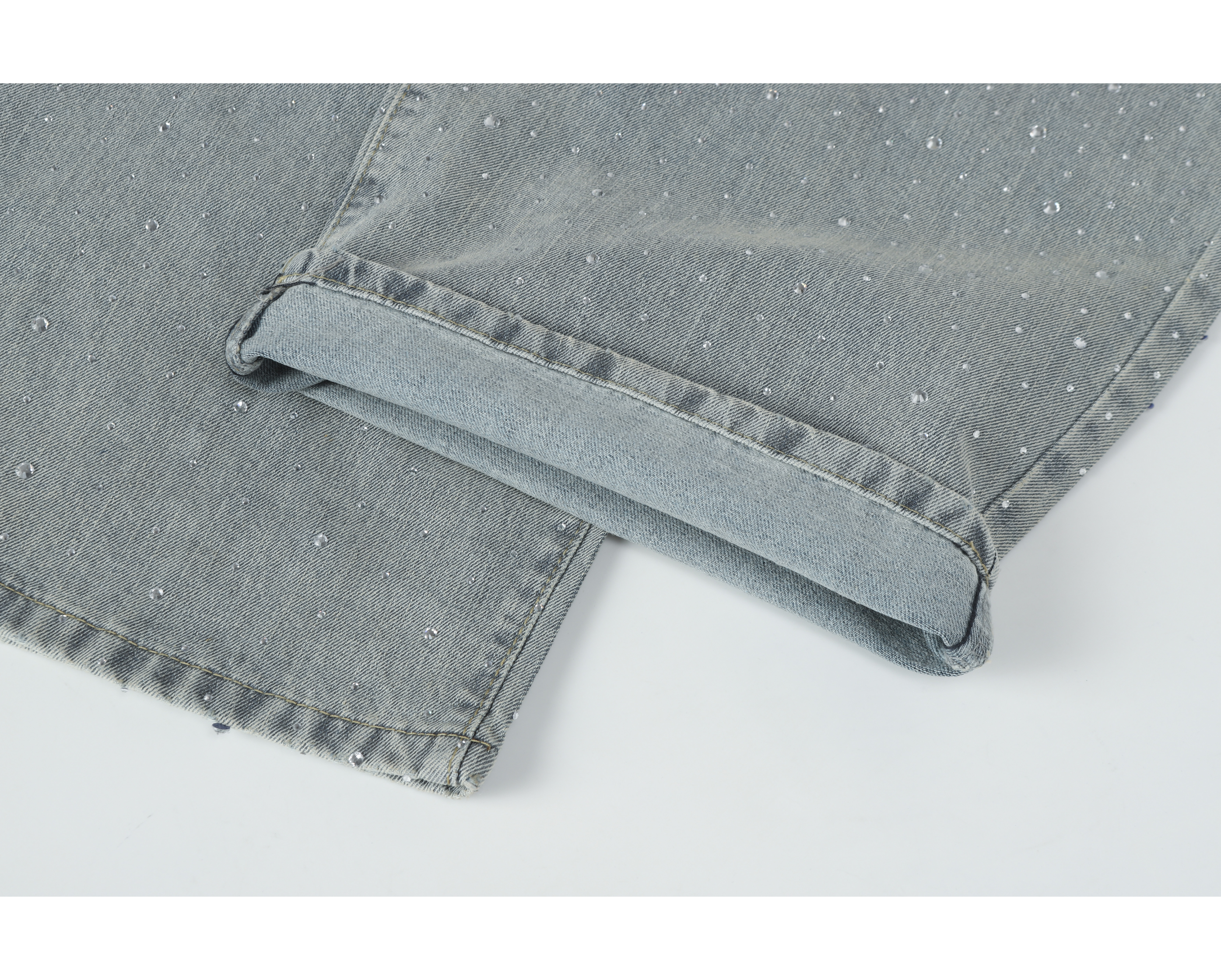 Light-Wash Rhinestone Wide-Leg Jeans | Oversized Stacked Denim