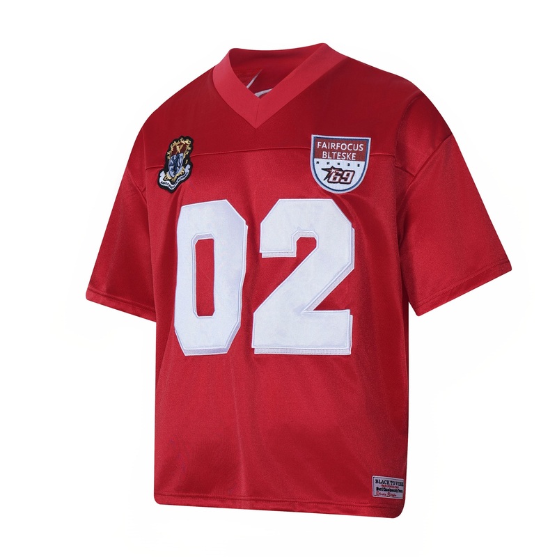 Red varsity patch mesh football jersey with white number 02 and embroidered crest patches on the chest