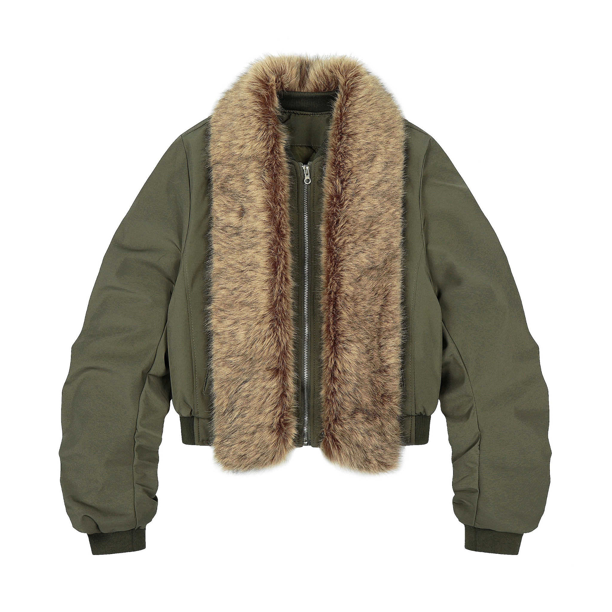 Detachable Faux Fur Scarf Bomber Jacket | Olive & Black