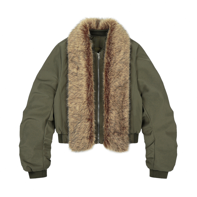 Detachable Faux Fur Scarf Bomber Jacket | Olive & Black