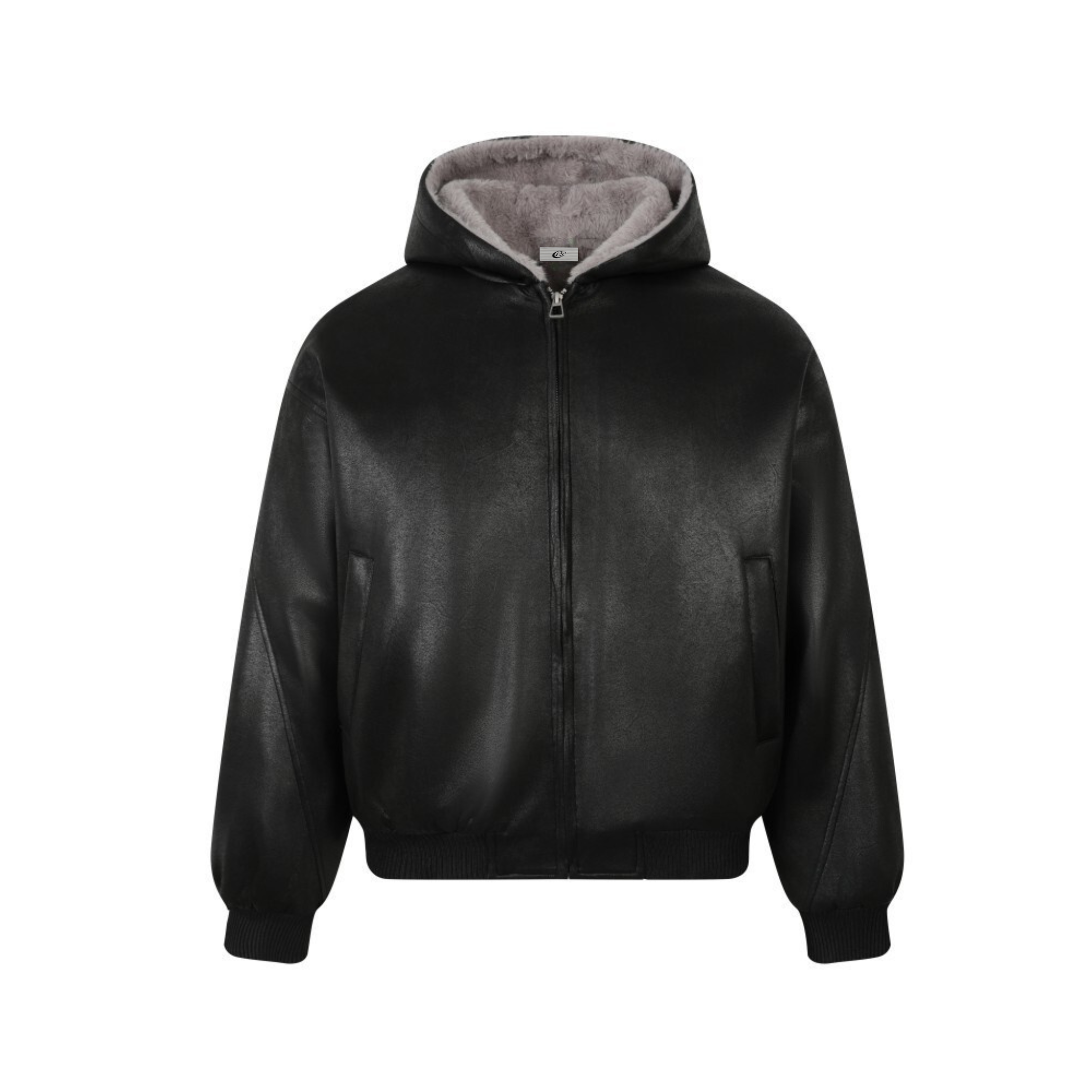 Front view of a black faux-leather hooded bomber jacket with grey plush faux-fur lined hood and ribbed cuffs