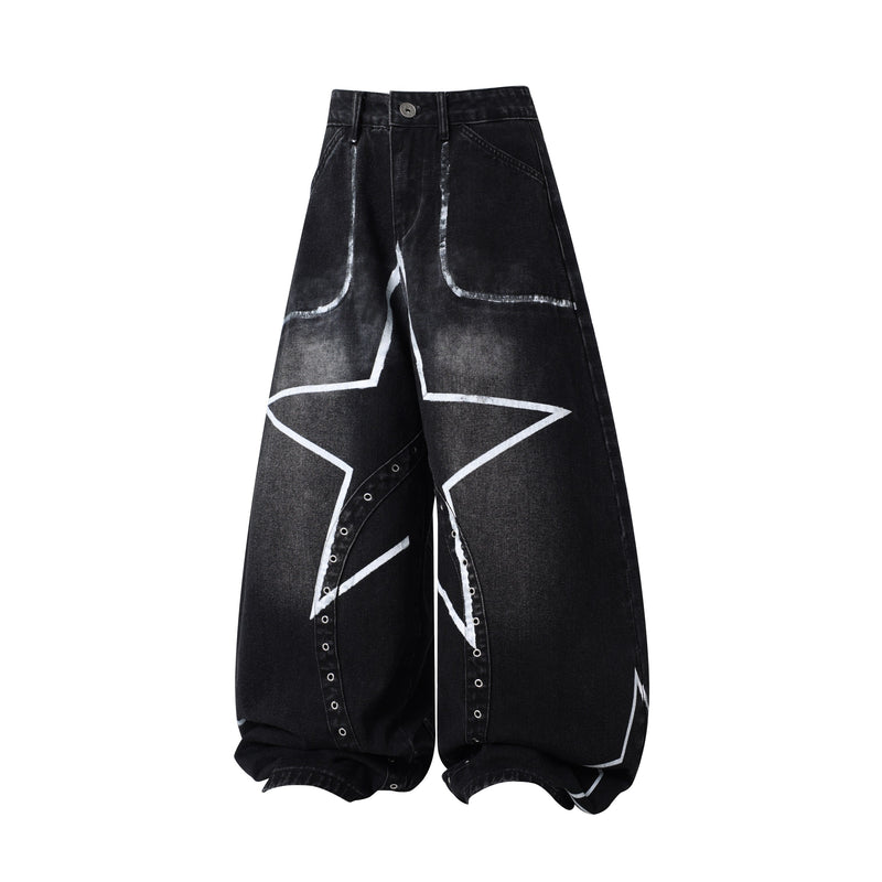 Black wide-leg jeans with white star graphic and faded wash, front view