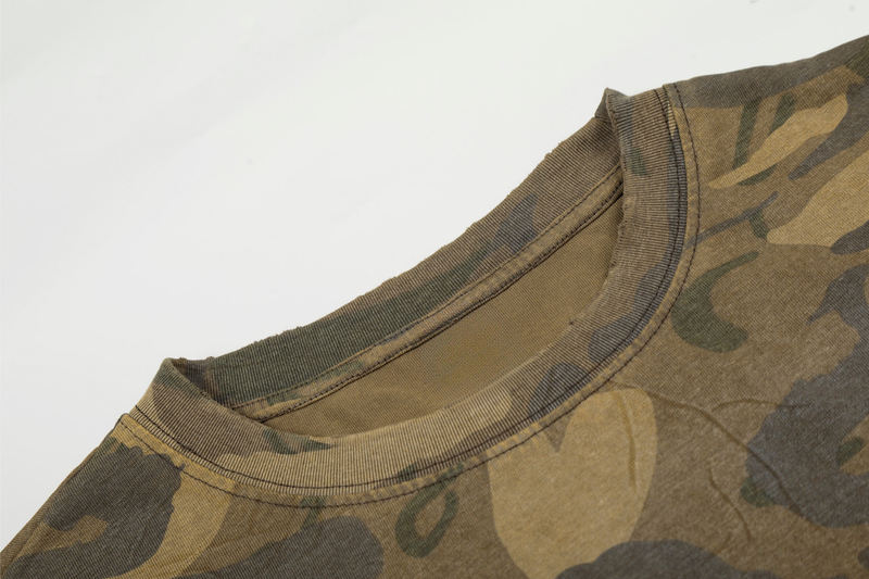 Close-up of ribbed crew neckline on camouflage long sleeve tee