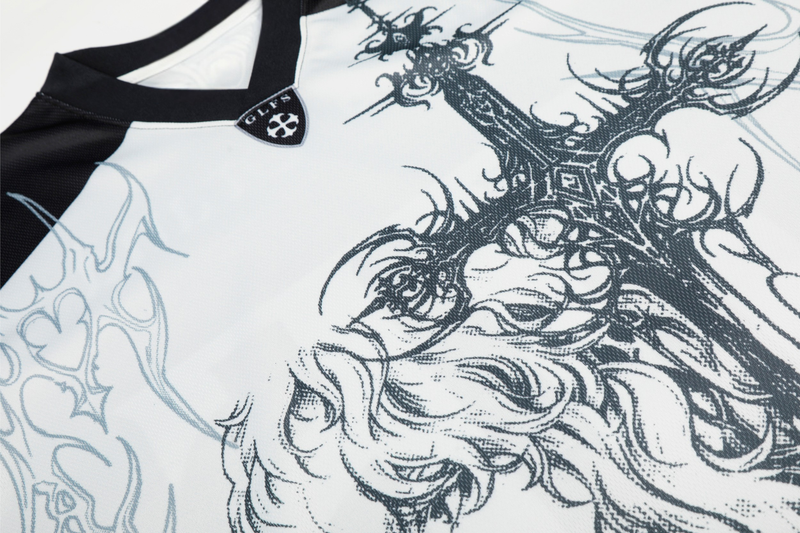 White mesh football jersey with black gothic tribal artwork and a black V-neck collar detail