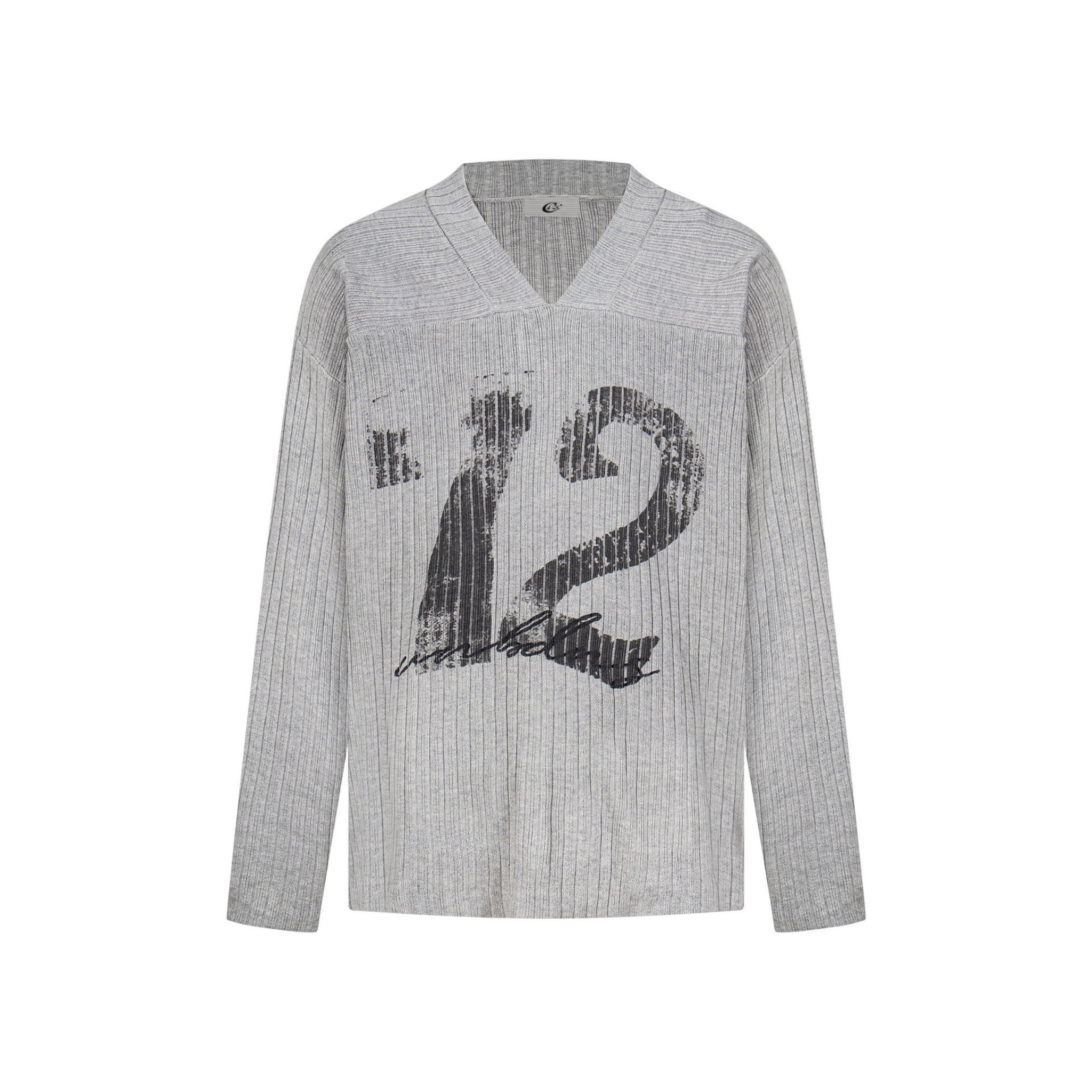 Vintage Graphic Ribbed Knit Top | Number 12 V-Neck Sweater