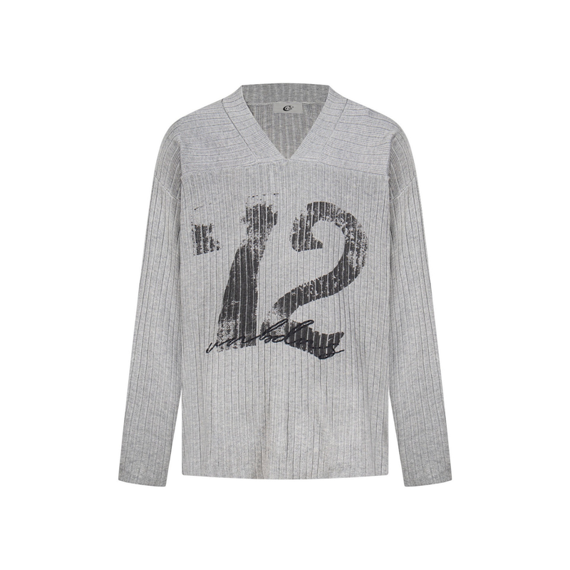 Light gray ribbed V-neck sweater with faded Number 12 graphic, front view