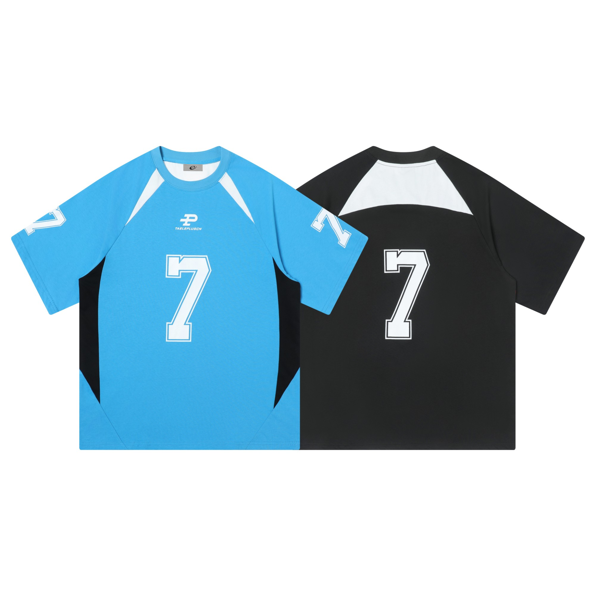 Front and back view of blue and black Number 7 varsity jersey tees with colorblock side panels and oversized number graphics