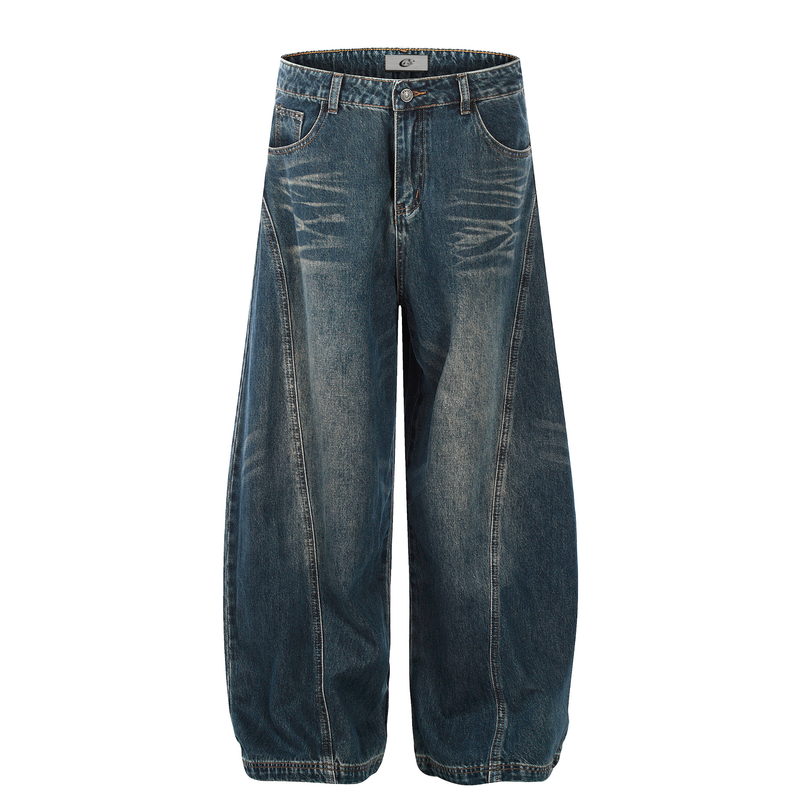 Blue vintage wash balloon jeans with wide legs, front view