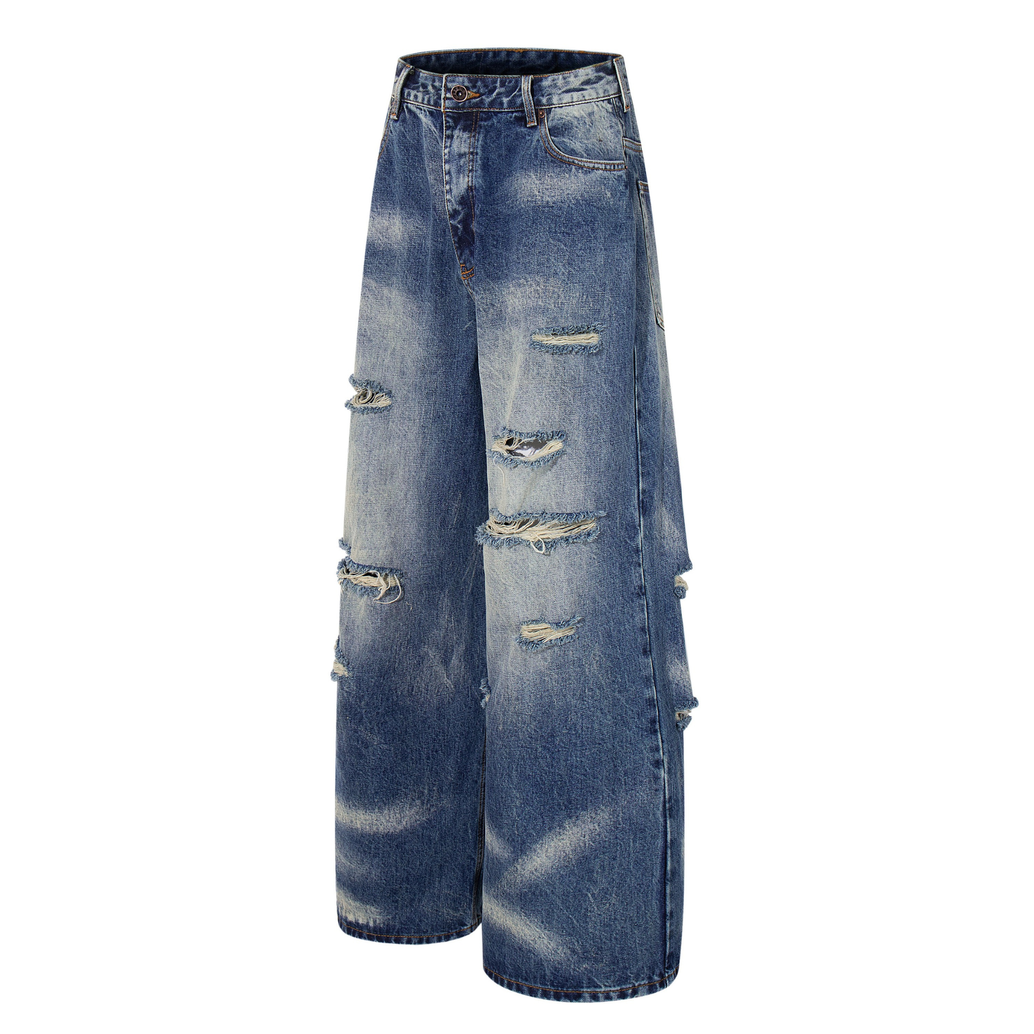 Heavy Distress Fade Wide-Leg Jeans | Vintage Blue Denim