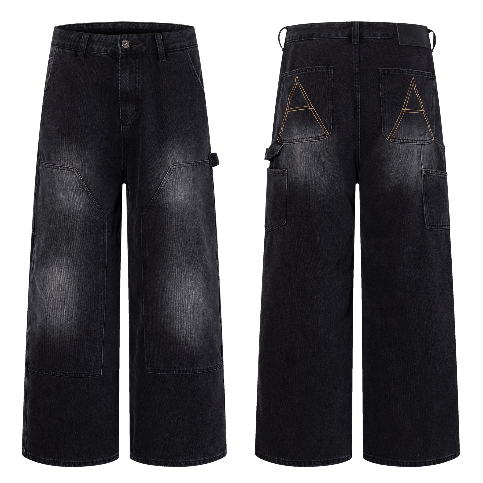 Front and back view of washed black wide-leg carpenter jeans with workwear paneling and contrast A-stitch back pockets