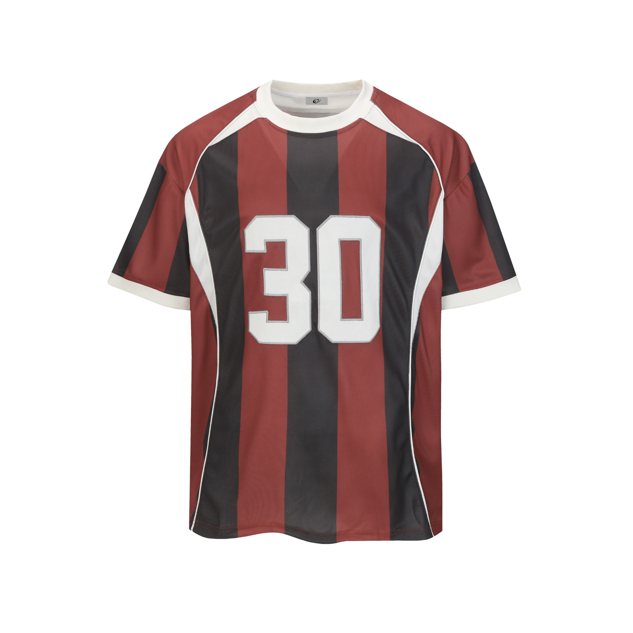 Front view of a red and black vertical stripe oversized jersey tee with white number 30 graphic on chest