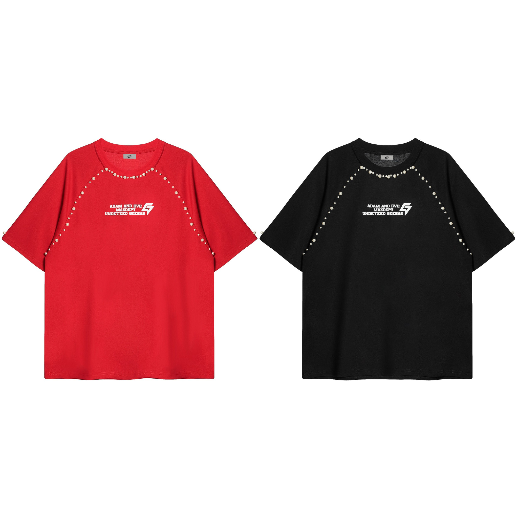 Red and black oversized raglan graphic tees with pearl metal stud trim along contrast sleeve seams, front view