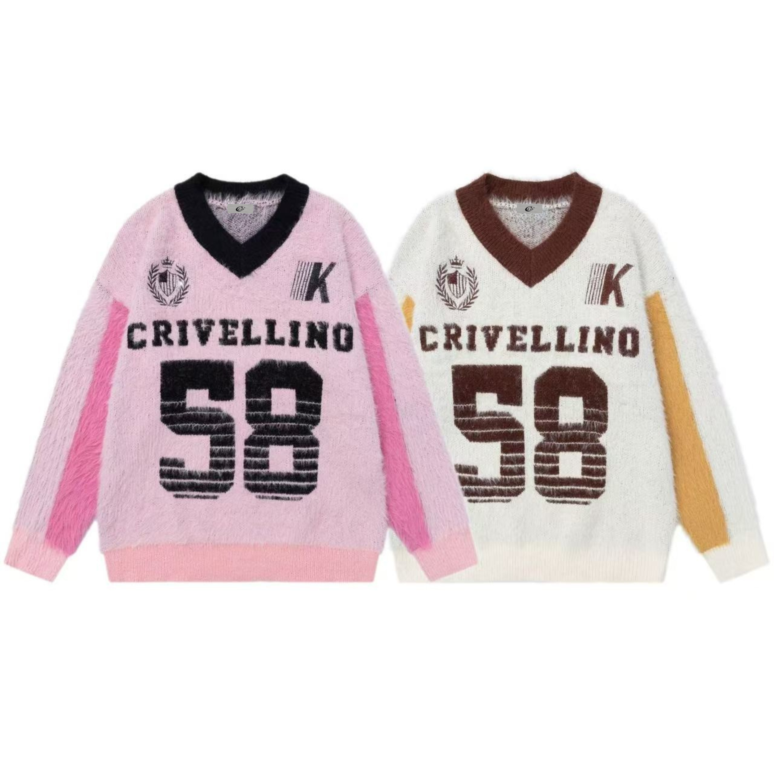 Pink fuzzy knit varsity sweater with black V-neck collar and CRIVELLINO 58 front graphic, laid flat on white background