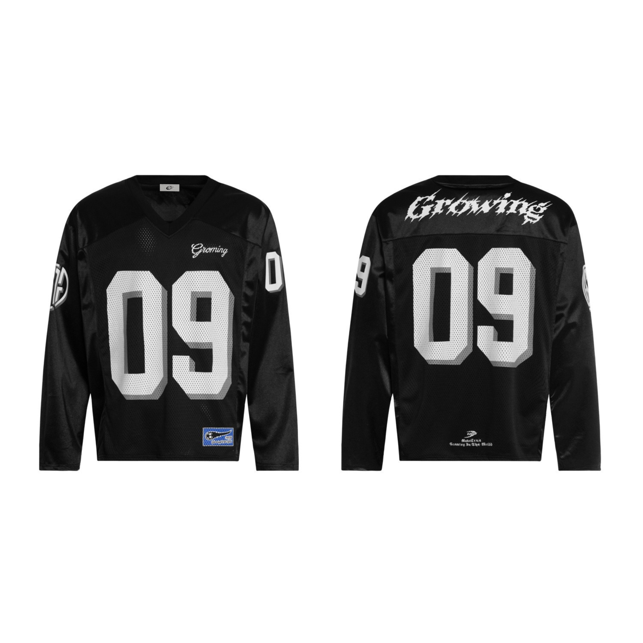 Front and back view of black gothic mesh jersey with white 09 number graphics and Growing script lettering