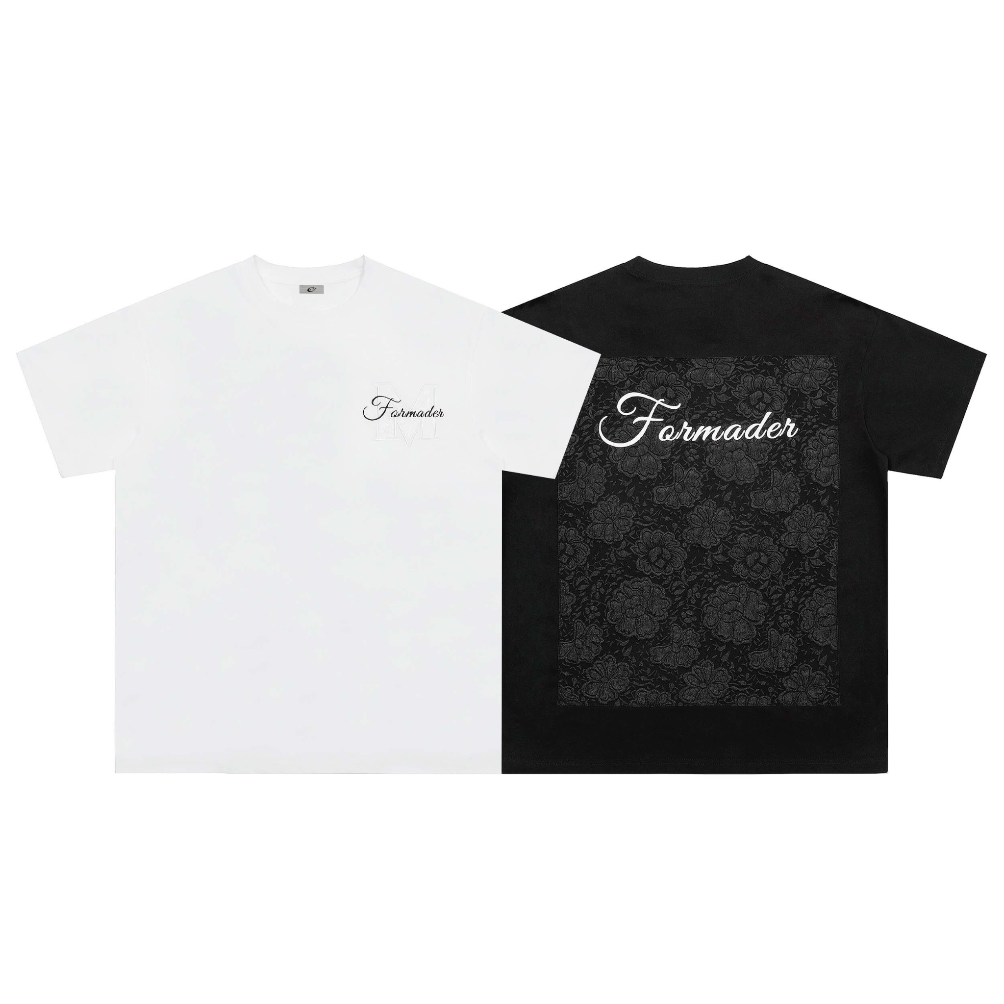 Formader white and black floral panel t-shirt showing front logo print and back floral graphic design