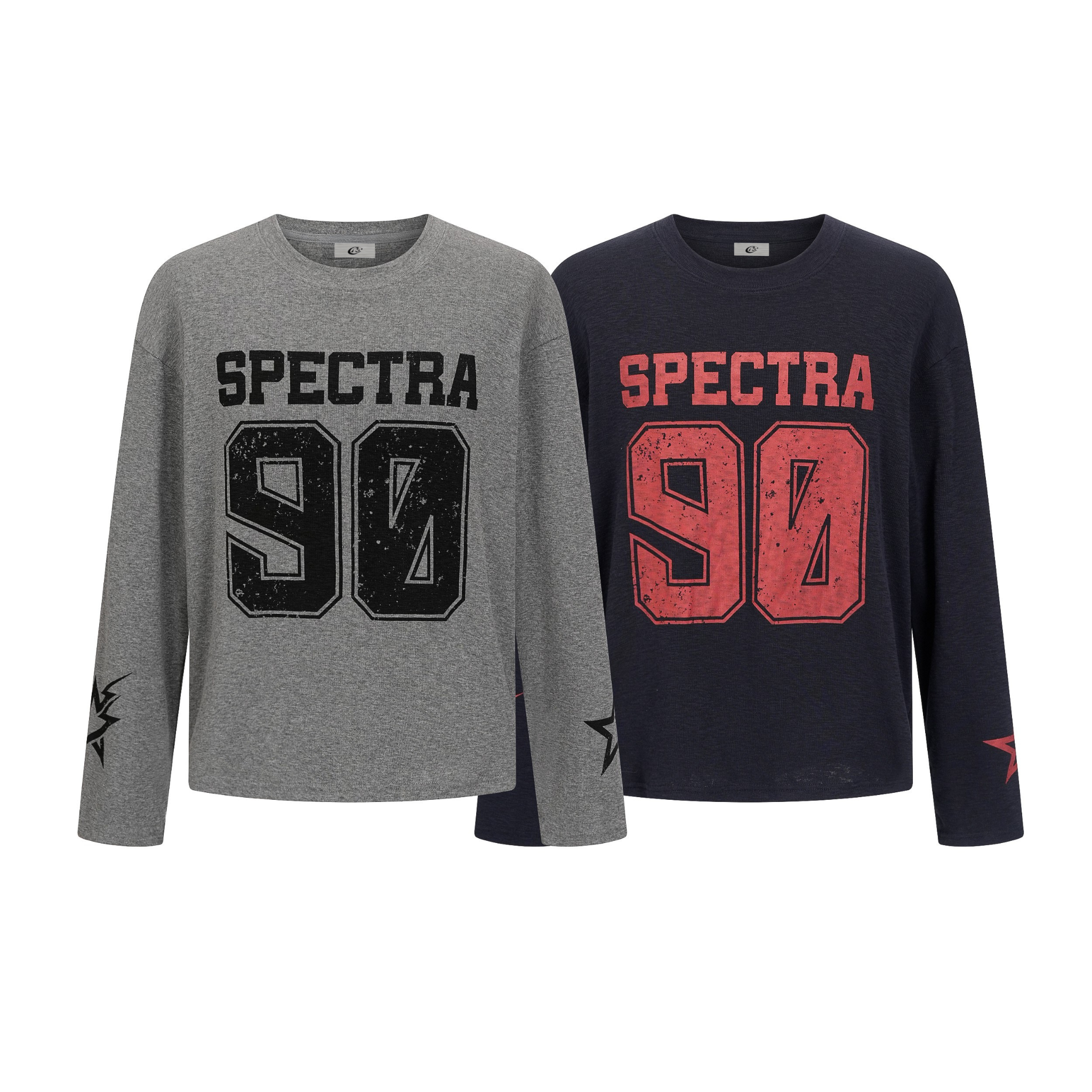 Heather grey and navy long-sleeve varsity tees with distressed SPECTRA 90 front graphic and sleeve star prints