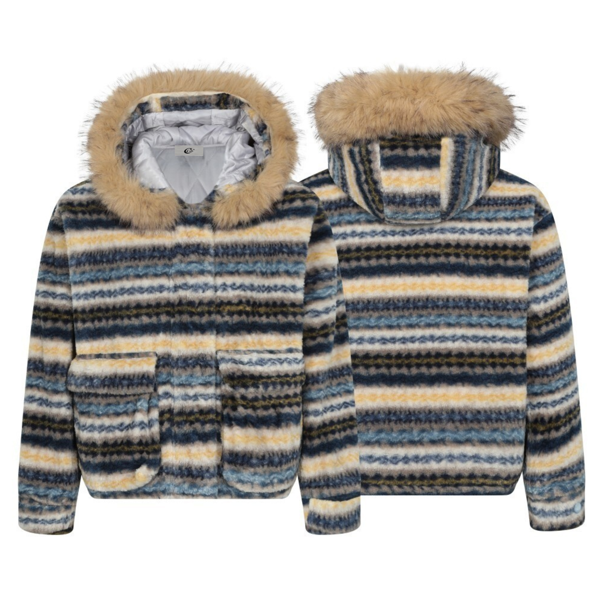 Front and back view of a multicolor striped faux fur hooded jacket with tan fur-trimmed detachable hood and oversized front p
