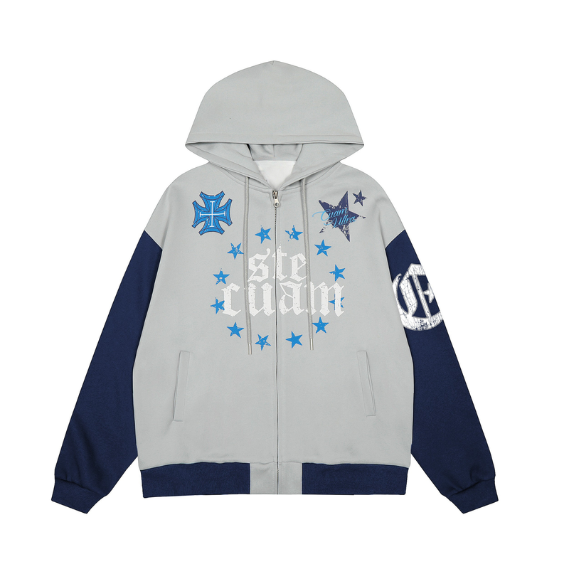 Front view of light gray zip hoodie with navy contrast sleeves and blue star graphics
