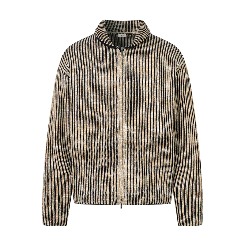 Men's striped ribbed texture full-zip jacket in beige, black, and white, front view