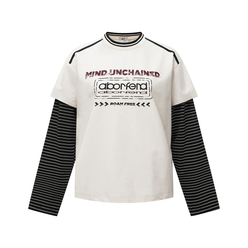 Front view of cream layered long-sleeve graphic tee with black trim and striped under sleeves