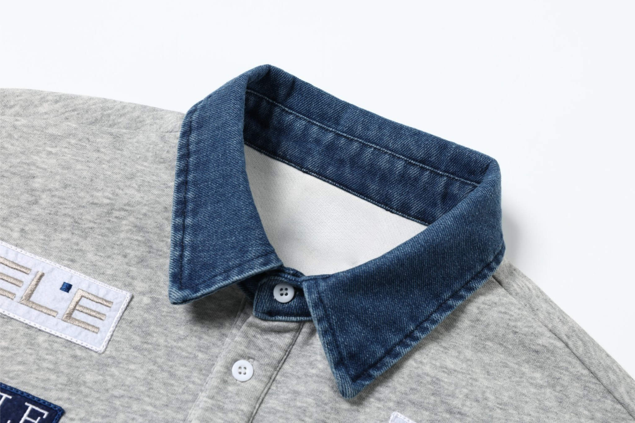 Patchwork Polo Sweatshirt with Contrast Denim Collar