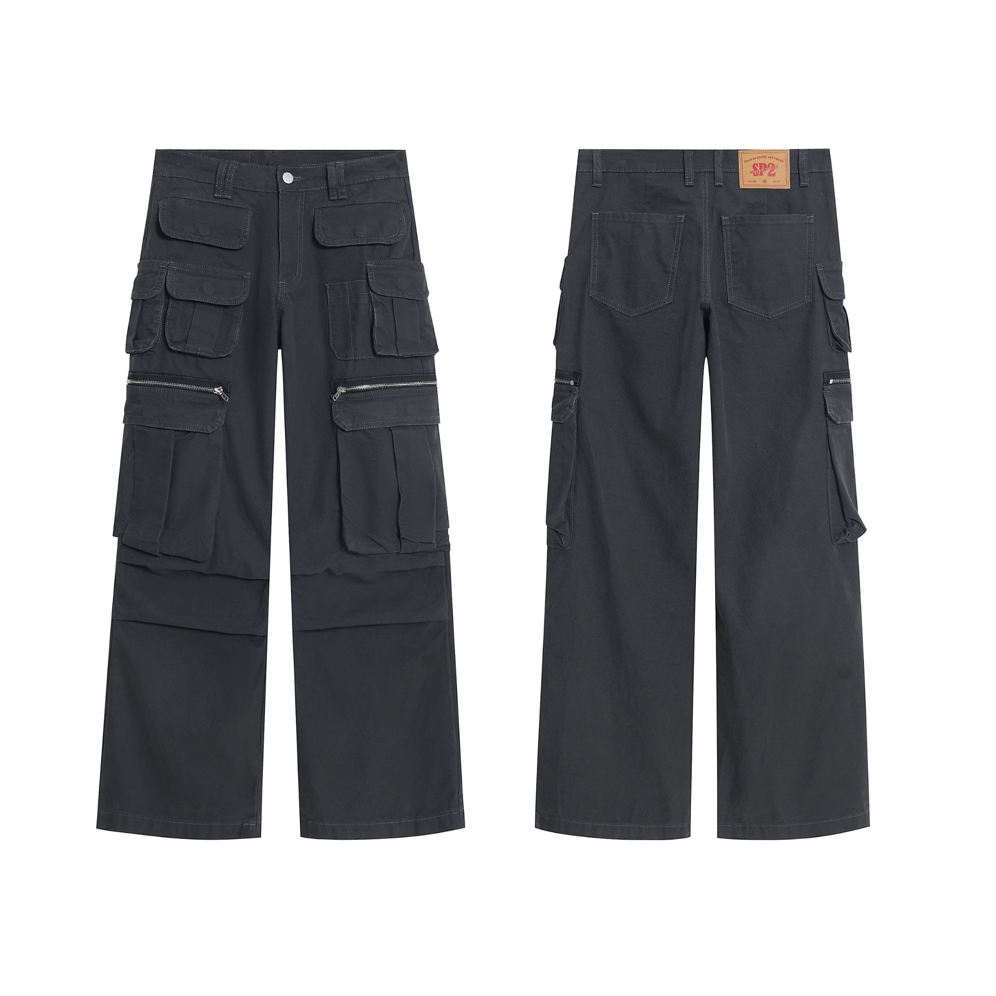 Omirad SP2 dark charcoal wide-leg cargo pants with multi utility pockets and zipper detailing, front and back view