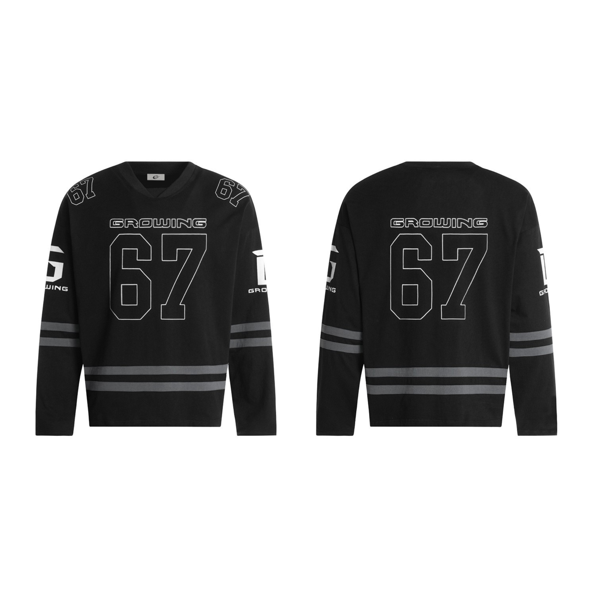 Black long-sleeve hockey jersey with bold white 67 graphic and Growing text on front, grey contrast sleeve and hem stripes