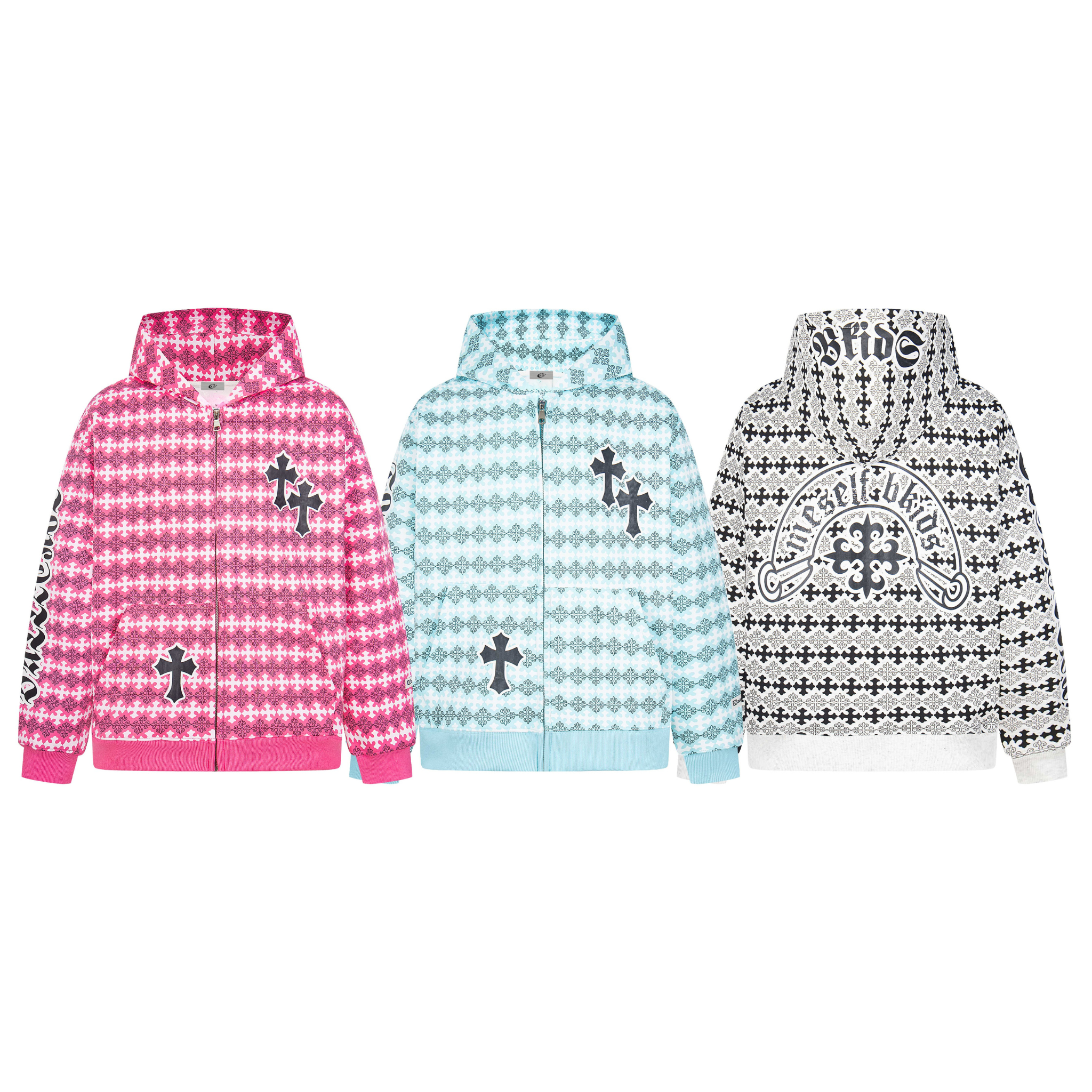 Pink all-over Gothic cross pattern full-zip hoodie with embroidered cross appliqués on chest and lower front